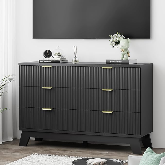 Xixini Fluted Dresser for Bedroom with 6 Drawers, 48" Wide Wooden Chest of Drawers with Metal Handle, Modern Dresser TV Stand, Wood Closet Clothes Storage Organizer for Living Room, Hallway, Black
