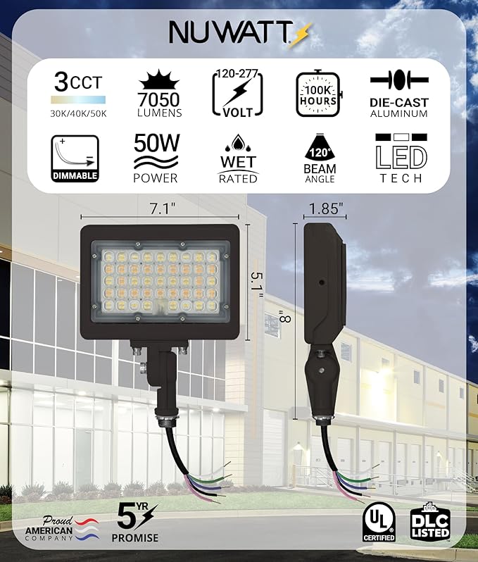 NUWATT 50W LED Flood Light, 3CCT 3000K/4000K/5000K Selectable, IP65 Waterproof Lighting, Adjustable Knuckle Mount, 7050LM, 0-10V Dimmable, 120-277V, Outdoor Security Floodlight for Yard, Bronze, UL