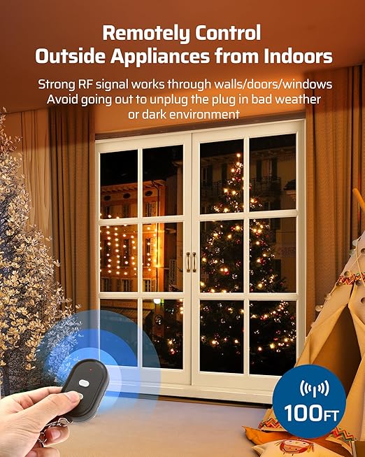 DEWENWILS Outdoor Wireless Remote Control Outlet, 15 amp Heavy Duty Weatherproof Remote Controlled Light Switch for Lights String Lights, 100 Feet Range, UL Listed