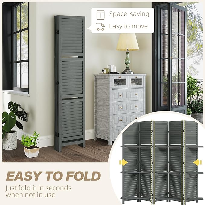 HOMCOM Room Divider, 5 Panel 67" Tall Wood Privacy Screen with 3 Display Shelves, and Folding Storage for Bedroom or Home Office, Gray