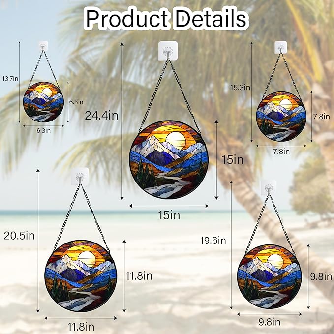 AMDERVEN Stained Glass Window Hanging, Yellow Blue Sunset Mountains Scenery Sun Catcher for Window Home Decor Landscape Suncatcher Mother's Day Birthday Gifts for Women Men Mom and Nana 7.8 in