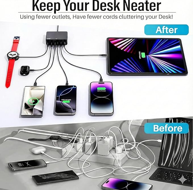100W USB C Fast Charger, GaN III 6 Port PD+QC Multiport Charging Station Charger Hub, USB Charger Block, USB-C Adapter Plug for iPhone 17,17 Air,16,15, 14, 13, Pro Max, Galaxy S25, S24-5ft Cord