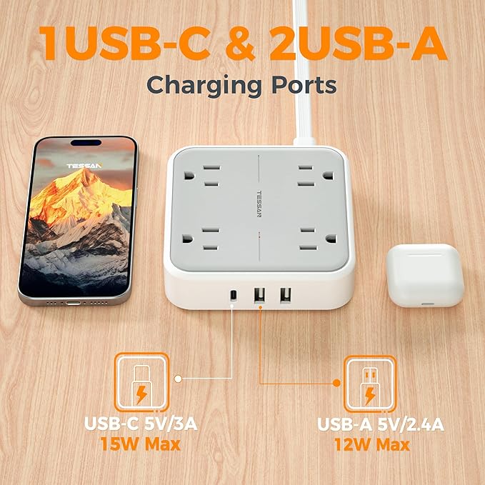 TESSAN Surge Protector Power Strip, 5 Ft Flat Plug Extension Cord with 4 Outlets 3 USB C Ports (1 USB C),900 Joules, 1875W 15A, Multiple Wall Outlet Extender Suitable for Office, Dorm Room Essentials
