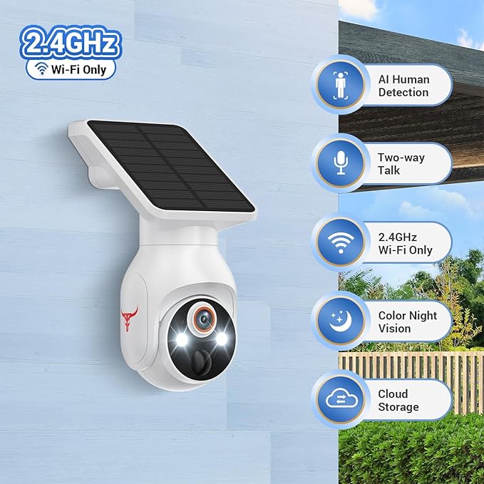 GlowPop 1080p Security Camera Wireless with Solar Panel, 2.4G WiFi Only, AI Human Detection, 2-Way Audio, Color Night Vision, Indoor/Outdoor Surveillance Bullet Cam, Cloud Storage (Sold Separately)
