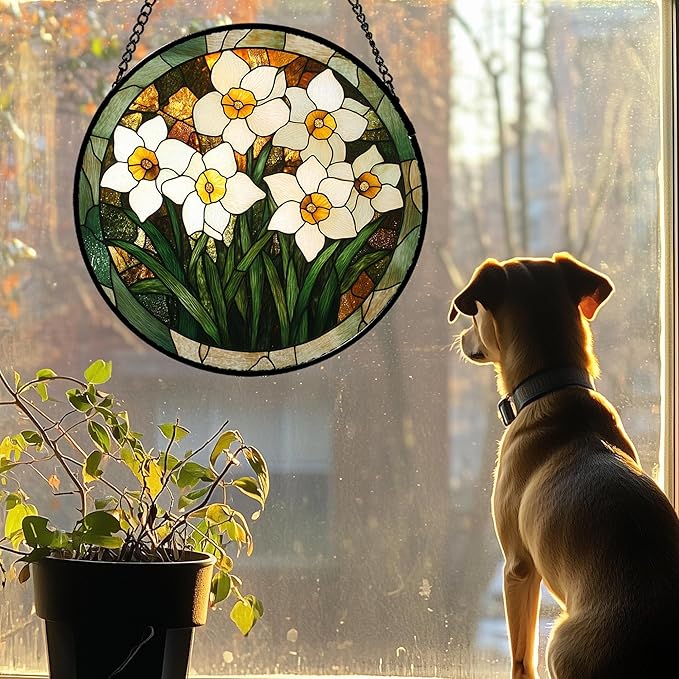 CRISGIF Stained Glass Window Hanging, White Lily Suncatcher for Door Garden Patio Birth Flower Green Plant Sun Catchers Decor Christmas Mother's Day Birthday Gifts for Women Mom Nana Friend 11.8 in