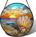 AMDERVEN Stained Glass Window Hanging - Colorful Beach Shells Conch Sun Catcher for Door Home Decor Ocean Suncatcher Christmas Mother's Day Birthday Sea Lover Gifts for Women Men Mom Nana 7.8 in
