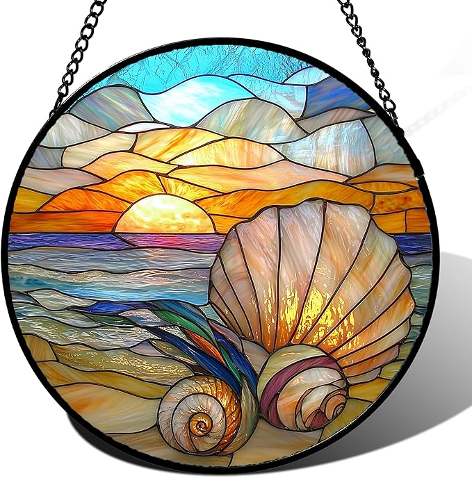 AMDERVEN Stained Glass Window Hanging - Colorful Beach Shells Conch Sun Catcher for Door Home Decor Ocean Suncatcher Christmas Mother's Day Birthday Sea Lover Gifts for Women Men Mom Nana 15 in
