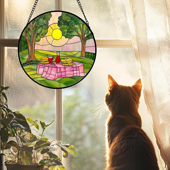 AMDERVEN Stained Glass Window Hanging 4 Pcs Set Pink Green Spring Saplings Flowers 7.8" - Suncatcher Door Garden Sun Catcher Home Decor Mother's Day for Woman Nana Mom Men