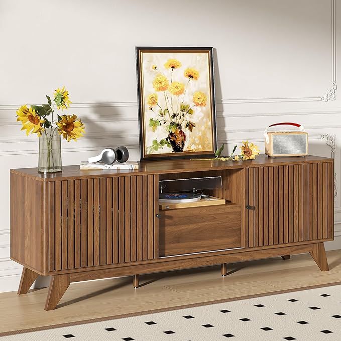 Oubayajia Mid Century Modern TV Stand for Televisions up to 70 Inches, with Sliding Doors and Storage, Curved Edge Television Stands, TV Consoles, Media Consoles for Living Room (Walnut, 63inch)