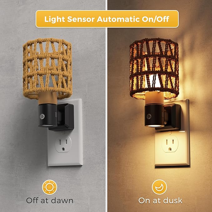 L LOHAS LED Night Lights Plug into Wall, Cylindrical Ironwork Boho Lampshade Decor Night Light, 350° Rotatable Dusk to Dawn Sensor Vintage Nightlight, Dimmable for Bedroom Living Room Hallway
