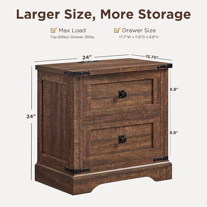 T4TREAM 24" Farmhouse Nightstand with Charging Station, Large End Table with 2 Storage Drawers, Rustic Wood Sofa Bedside Table for Bedroom, Reclaimed Barnwood Color