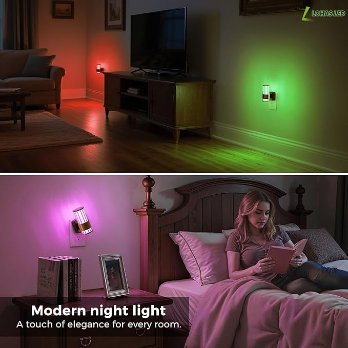 L LOHAS LED Night Light, Night Lights Plug into Wall, 2 Pack 10-Color RGB Change Nightlights,10/50/100LM Adjustable Automatic Nightlights Plug in with Dusk to Dawn Sensor for Room Bathroom Hallway
