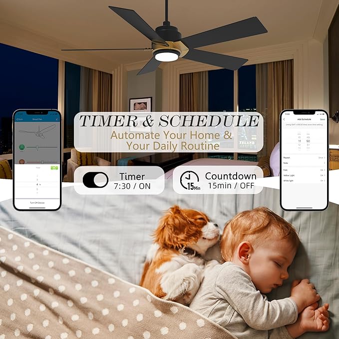 SMAAIR Smart Ceiling Fans with Lights and Remote, 52 Inch Low Profile Ceiling Fan with Dimmable LED Light, 10-Speed Reversible DC Motor Works with APP/Alexa/Google Assistant/Siri Control(Black/Gold)