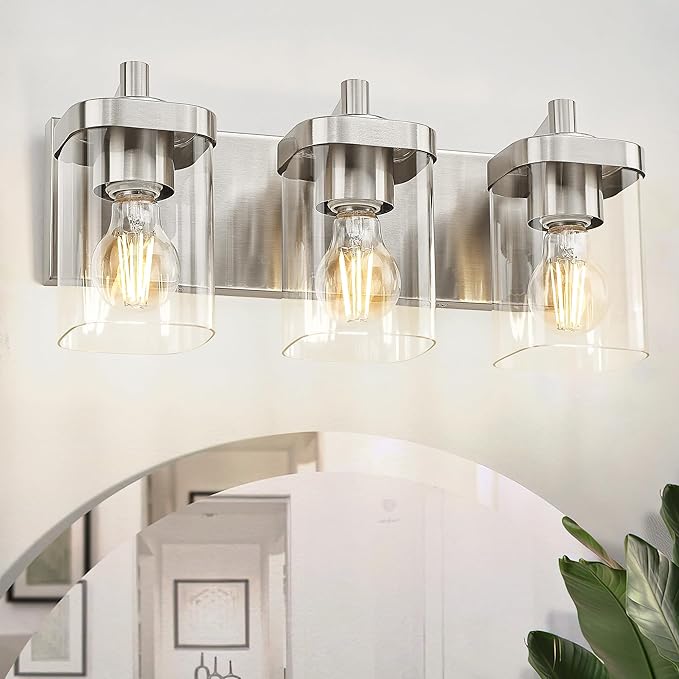 METWET Bathroom Light Fixtures, 3-Light Vanity Light with Square Clear Glass Shade, Brushed Nickel Modern Wall Sconces, Vanity Lighting Fixtures Over Mirror, VL194-BN-3