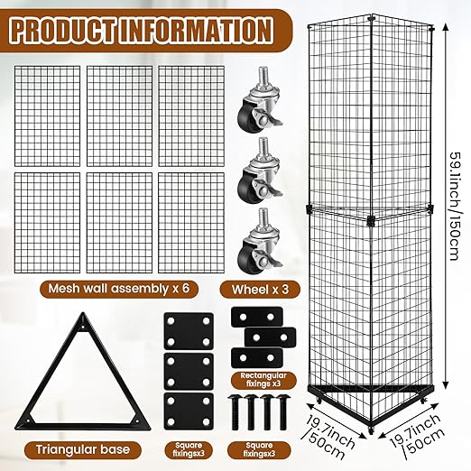 Weysat 5' x 1.6' Triangle Gridwall Panel Display Stand 3-Sided Grid Tower with Base and Casters Rolling GridWall Panel Stand for Home Organization Display Vendor Events, Black
