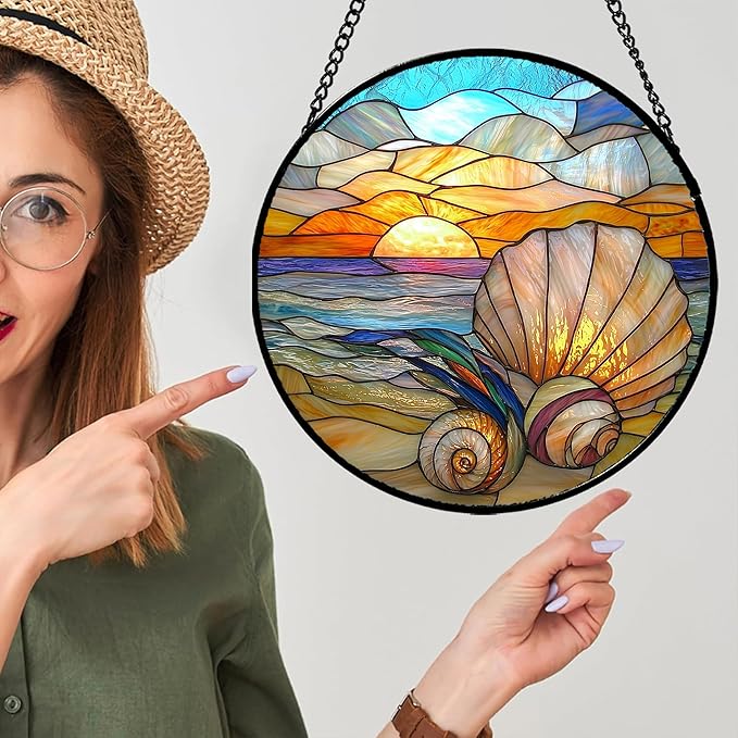 AMDERVEN Stained Glass Window Hanging - Colorful Beach Shells Conch Sun Catcher for Door Home Decor Ocean Suncatcher Christmas Mother's Day Birthday Sea Lover Gifts for Women Men Mom Nana 7.8 in