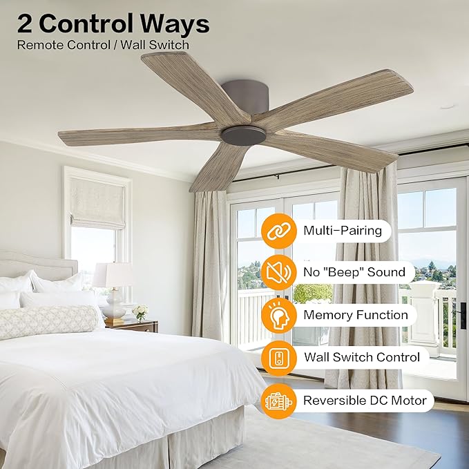 WINGBO 48" Flush Mount DC Ceiling Fans without Lights, 5 Carved Solid Wood Blades, 6-Speed Reversible DC Motor, Low Profile Hugger Ceiling Fan No Light for Living Room Bedroom Patio, Graphite and Gray
