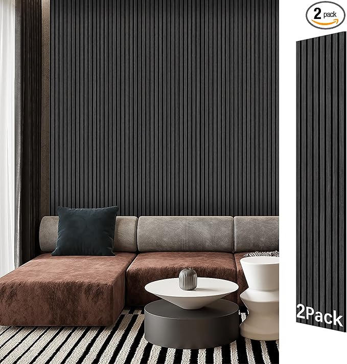 ARMURO Wood Panels for Wall - 2 Pack Black Panels for Wall Decor - Black Oak Wood Veneer Sound Absorbing Panel - Black Wall Panels 12.6" W x 94.5" L