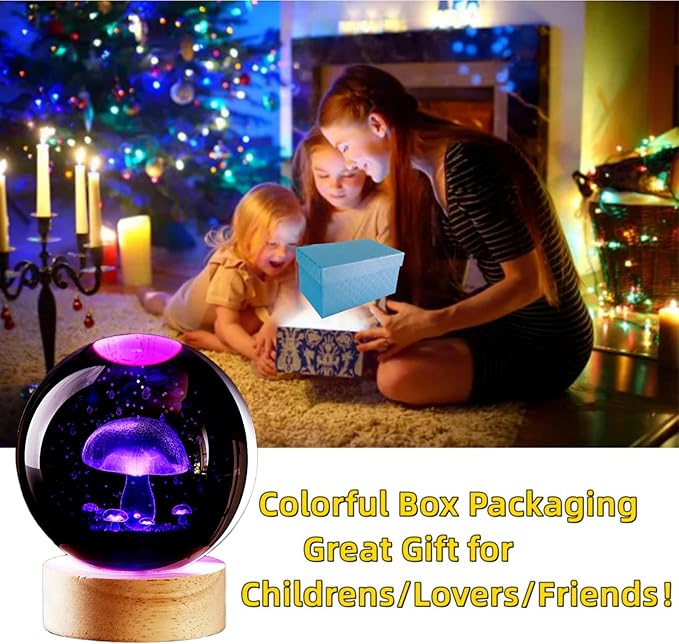 Conalisk 3D Mushroom Crystal Ball Lamp, Lifelike LED Mushroom Night Light, 16 Colors Changing Light, Dimmable Remote Control, Desk Lamp