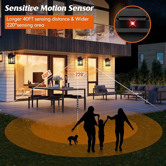 Motion Sensor Outdoor Wall Lights Black, Dusk to Dawn Outside Porch Lights Fixture Wall Mount, Waterproof Exterior Light Fixtures, 2-Pack Matte Black Wall Sconces Lantern for House Patio Garage