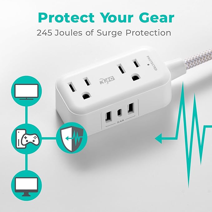 KMC 2-Outlet Mini Surge Protector Power Strip, 1 USB-C & 2 USB-A Ports, 245J Surge Protection, 5ft Braided Cord, 3-Prong Low-Profile Flat Plug, UL/ETL Certified, White