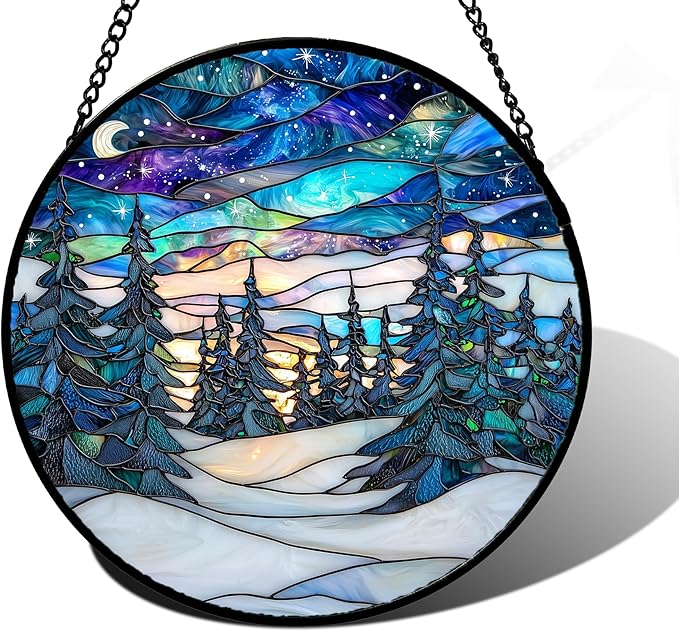 DASTOLL Stained Glass Window Hanging, Starry Sky Trees and Snow Sun Catchers Glass Panel Blue Suncatcher Decor for Birthday for Women, Men, Wife, Aunt, and Mom 6.3 in