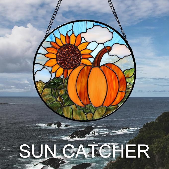 DASTOLL Stained Glass Window Hanging Fall Farm Scenery Sunflower Pumpkin Large 11.8" - Suncatcher Door Garden Kitchen Sunroom Sun Catcher Home Decor Birthday for Mom Grandma Men Woman