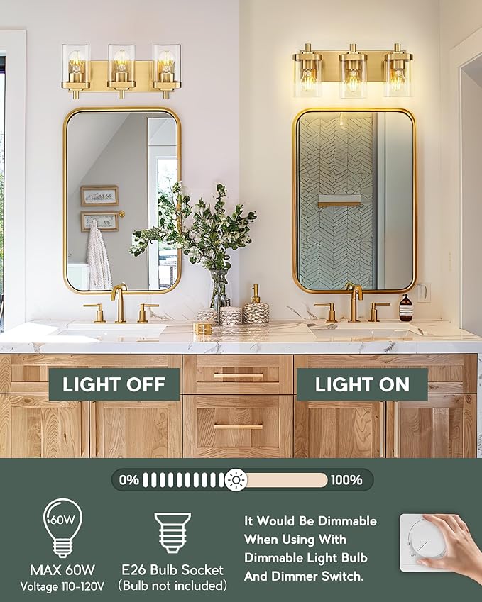 METWET Bathroom Light Fixtures Over Mirror, 3-Light Brushed Gold Vanity Light with Square Clear Glass Shade, Modern Wall Sconces, Vanity Lighting Fixtures, VL194-BG-3