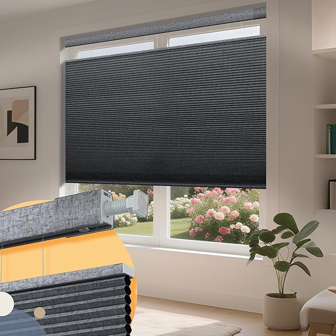 Boolegon No Drill No Tools Cellular Shades Top Down Bottom Up Honeycomb Blinds Blackout Cordless Cellular Shades Easy to Install Blinds for Windows,Custom Size,Blackout Blue Gray