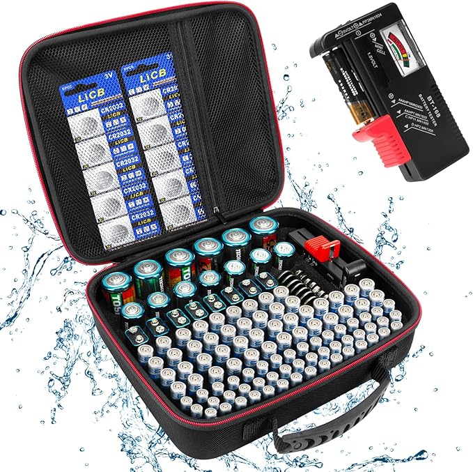 Spacimgy Battery Organizer Storage Case with Tester BT168, Hard Battery Daddy Storage Organizer Box Holds 148 Batteries AA AAA C D 9V Button Cell, Batteries Holder, Waterproof Batteriess Vault Box