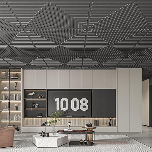 Art3d 12-Pack Drop Ceiling Tiles 2x2 FT, PVC 3D Textured Panels for Interior Wall Decor Living Room Bedroom Office, 24x24 Inch, Black