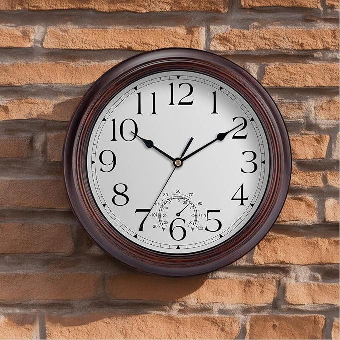 KECYET 12 Inch Outdoor Wall Clock with Thermometers, Vintage Silent Wall Clocks Battery Operated, Retro Non-Ticking Clock Decorative for Living Room, Patio, Kitchen, Office, Bathroom, Bedroom(Bronze)