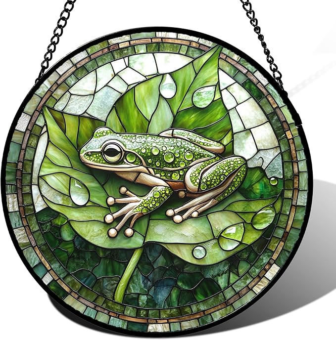 CRISGIF Stained Glass Window Hanging - Cute Frog Suncatcher for Doors Garden Patio Green Leaves Sun Catchers Decor Christmas Mother's Day Birthday Gifts for Women Men Mom Nana Boy Friend 6.3 in