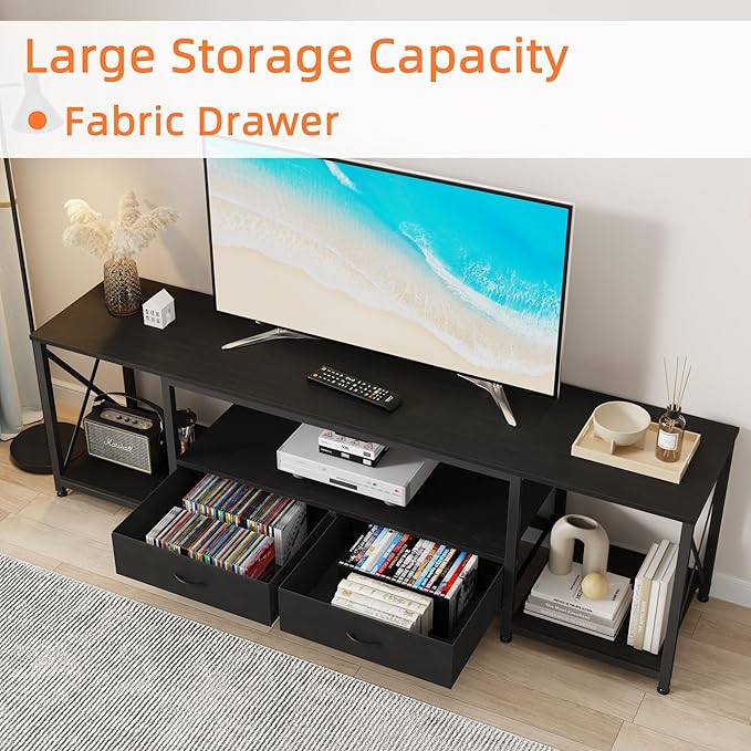 GYIIYUO TV Stand with Fabric Drawers for 75 80 Inches TV - Entertainment Center and Industrial TV Console Table with Open Storage Shelves for Living Room, Bedroom- 71.5" Black