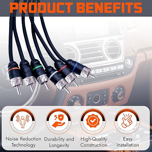 Elite Audio Premium Series 17ft. 6-Channel Car Audio RCA Cable – Double Shielded, Oxygen Free Copper, Noise Reducing Audio Cable for Amplifiers, Subwoofers, Speakers, and Processors – PRM617