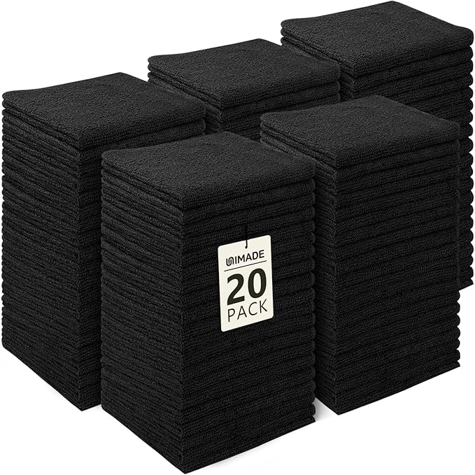 UNIMADE Washcloths Bulk - 100 Pack - Face Towels (12" x 12"), Highly Soft Wash Cloths and Hand Towels, Fast Drying Multi-Purpose Microfiber Cleansing Cloths for Bathroom, Hotel, Spa, and Salon - Black