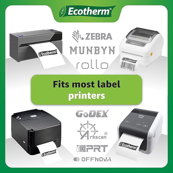 2.25" x 1.25" Thermal Labels | 6 Rolls | 12600 Labels | fits Zebra, Munbyn, Rollo, Godex, Arkscan, iDPRT, Offnova Thermal Label Printers and More | Blank White Adhesive Stickers by Ecotherm