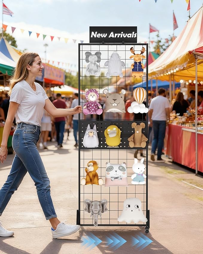 DEMEGA 6' x 2' Ft Grid Wall Panel, Pegboard Gridwall Display Stand with Notice board, Sturdy Floorstanding Wire Grid Rack, Movable Silent Wheel for Home Organization Retail Trade Art Craft Show Vendor