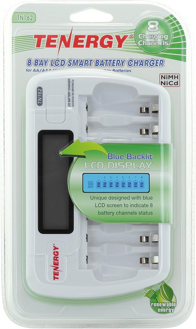Tenergy TN162 8-Bay Smart LCD Battery Charger for Rechargeable AA/AAA NiMH/NiCd Batteries