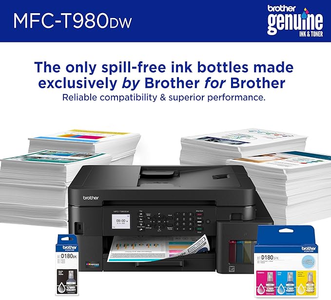Brother INKvestment Tank 980 Wireless and Ethernet Color Inkjet All-in-One Printer with Multipurpose Tray | Includes up to 3 Years of Ink in-Box(1) and 3-Year Limited Warranty(2) (MFC-T980DW)