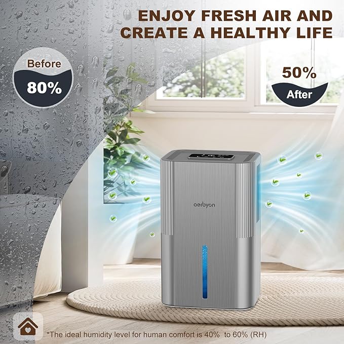 Aerbyon Dehumidifiers for Home 95 OZ Water Tank(1000 sq. ft) Dehumidifier for Bathroom with Auto Shut Off,7 Colors Light, Quiet Sleep Mode Dehumidifier for Bedroom, Basement, RV, Closet