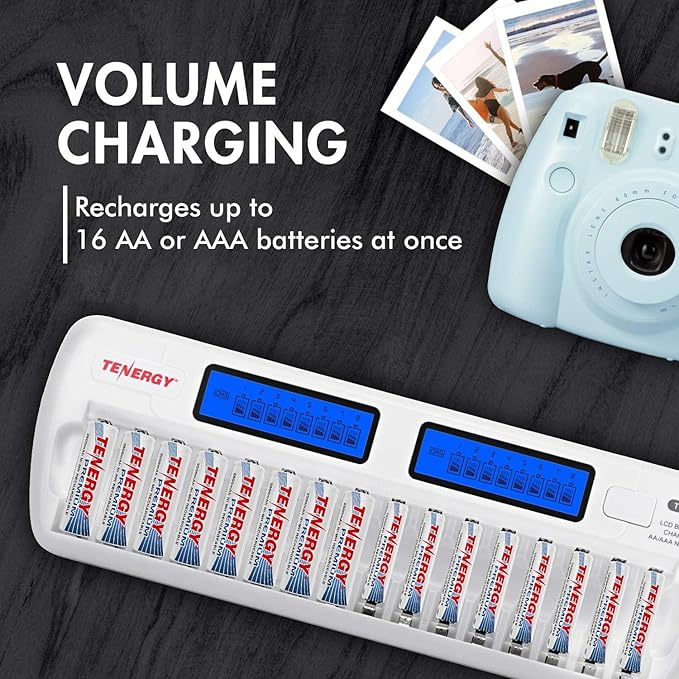 Tenergy TN438 16-Slot Smart Battery Charger for AA AAA NiMH NiCd Batteries with LCD Display + 8 AA and 8 AAA Premium Rechargeable Batteries