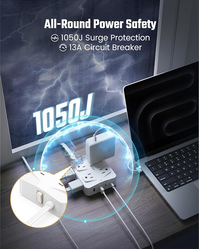 35W Fast Charging SUPERDANNY 4-Outlet 4-USB Power Strip with 20W C Port Fast Charge–6FT Extension Cord, Surge Protector 1080J, Overload Switch, Mountable, for Home, Office, School, Dorm - White