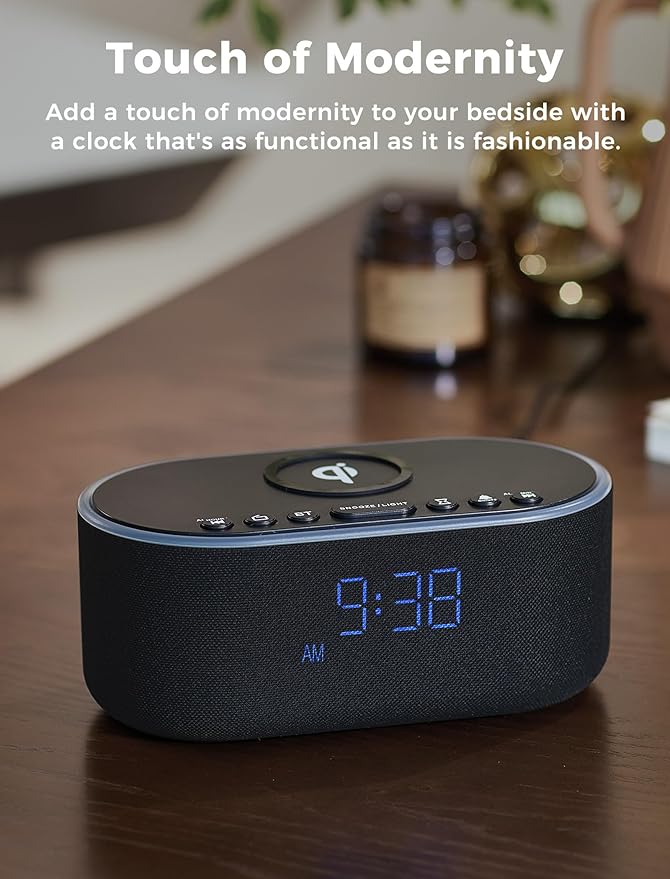 Odokee Wireless Charging Alarm Clock Radio: Qi Certified Fast Wireless Charger for iPhone Samsung - 10W Stereo Bluetooth Speaker - Dimmable Digital Clock with FM Radio for Bedroom Black