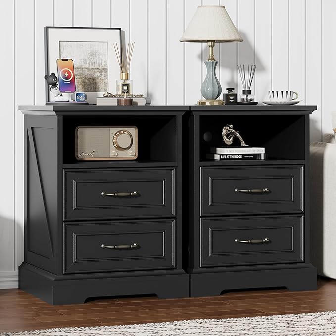 Nightstand with Charging Station Set of 2,18" Wide End Table with 2 Large Drawers & Metal Handles,Farmhouse Wood Small Dresser,Bedside Table,Modern Chest of Drawers for Bedroom,Living Room,Black