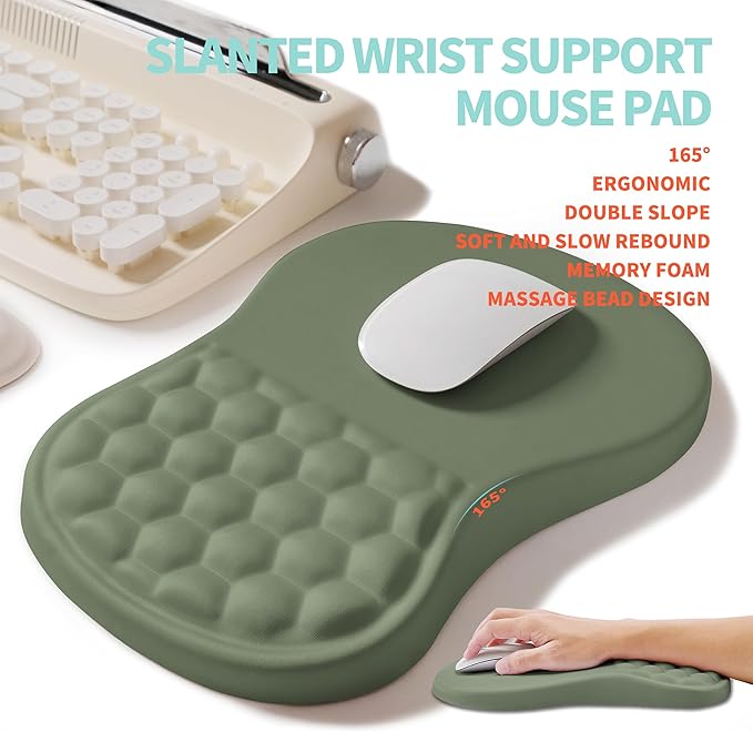 KUOSGM 2-in-1 Ergonomic Set, Wave Rise Keyboard Wrist Rest and Massage Bulge Slope Mouse Pad Wrist Support, Cushion Memory Foam Integrated to Relieve Wrist Pain, Olive Green