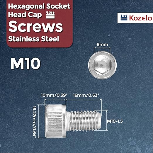 Kozelo 10pcs Socket Head Cap Screws - [M10-1.5 x 16mm] 304 Stainless Steel Allen Socket Drive for Electrical Motor 3D Printing Fan Engine Replacement Use, Silver