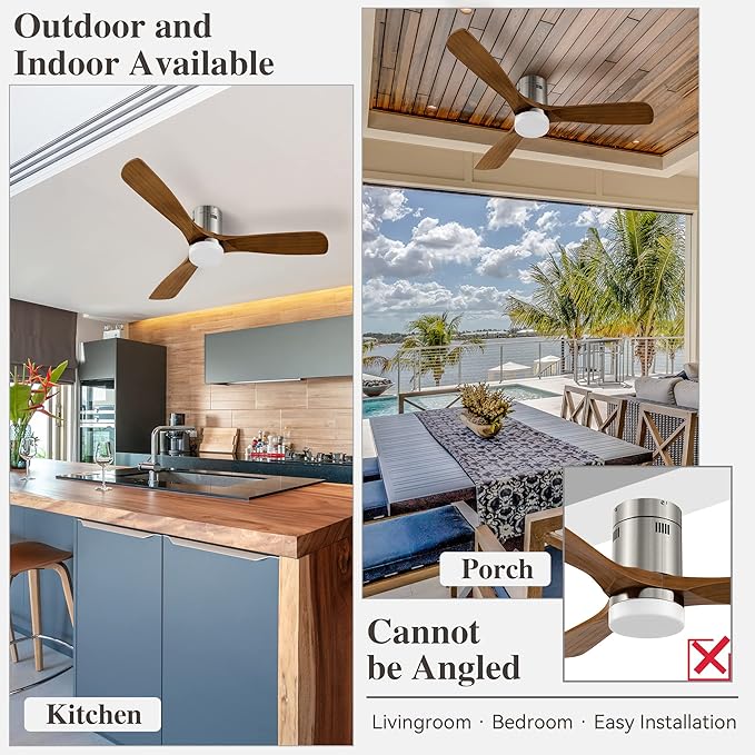 SMAAIR 52 Inch Flush Mount Ceiling Fan with Light, Low Profile Outdoor Ceiling Fan with Remote and Dimmable Light, 10 Speed DC Motor, Compatible with Alexa/Google Assistant/Siri Shortcuts (Wood)