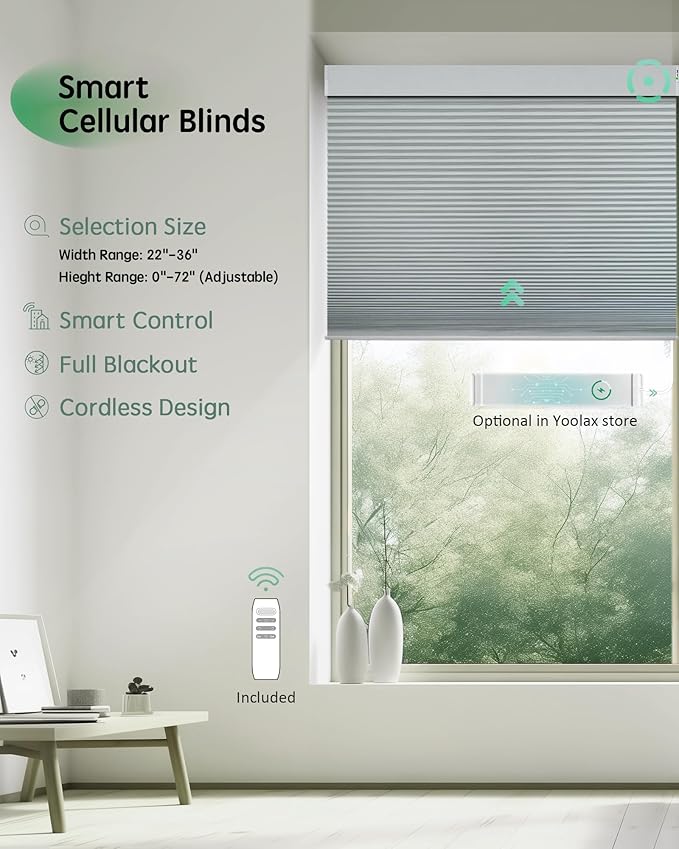 Yoolax Smart Blinds, Motorized Cellular Shades Compatible with Alexa, Blackout Electric Blinds with Remote for Indoor Windows, Automatic Energy Saving Honeycomb Shades, White, 29" W x 72" H