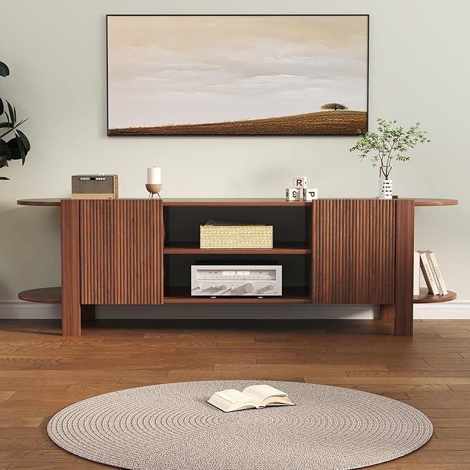 ZOSQUARE 65 Inch TV Stand for Up to 75 inch TVs, Fluted Entertainment Center with Adjustable Shelve, Curved Round Corner TV Console Table with Storage Cabinet for Living Room, Bed Room (Walnut Color)